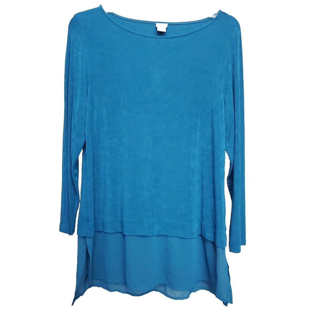 Chico’s Travelers Teal Chiffon Hem Boat Neck Long Sleeve Tunic Size 2 Large